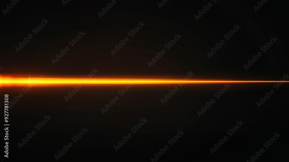 Fototapeta premium Single Horizontal Light Beam with Orange Glow Isolated Against a Black Background. 