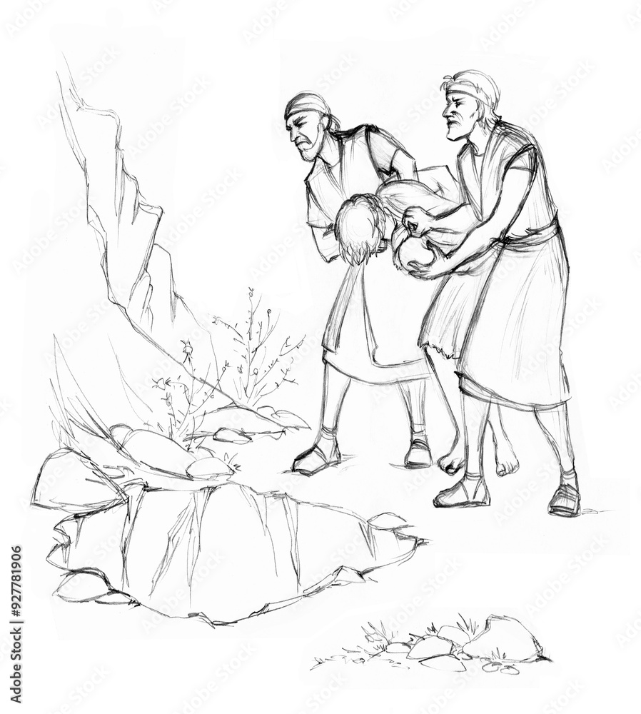 Pencil drawing. Joseph's brothers throw him into a pit Pencil drawing. Joseph's brothers throw him into a pit