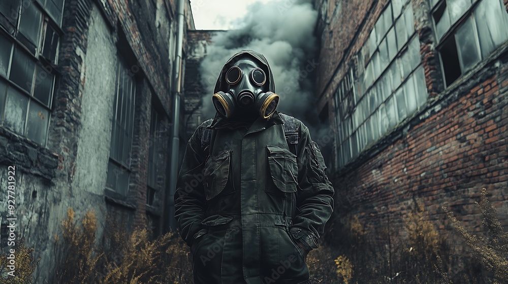 A person wearing a gas mask stands in a post-apocalyptic urban setting with smoke and debris. A person wearing a gas mask stands in a post-apocalyptic urban setting with smoke and debris.