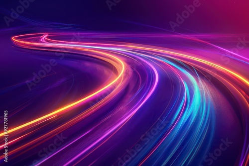 A vibrant road illuminated by neon lights glows in flowing smooth and curved lines, blending dark sky-blue and light bronze tones under the night sky.