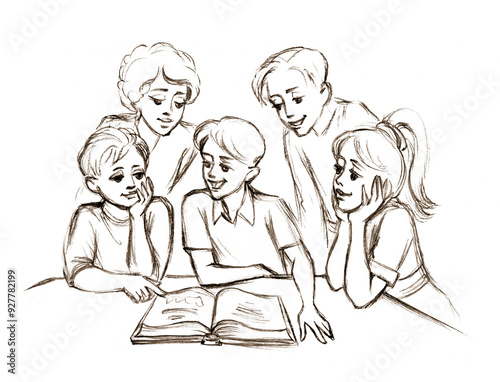 Pencil drawing. Kids reading a book