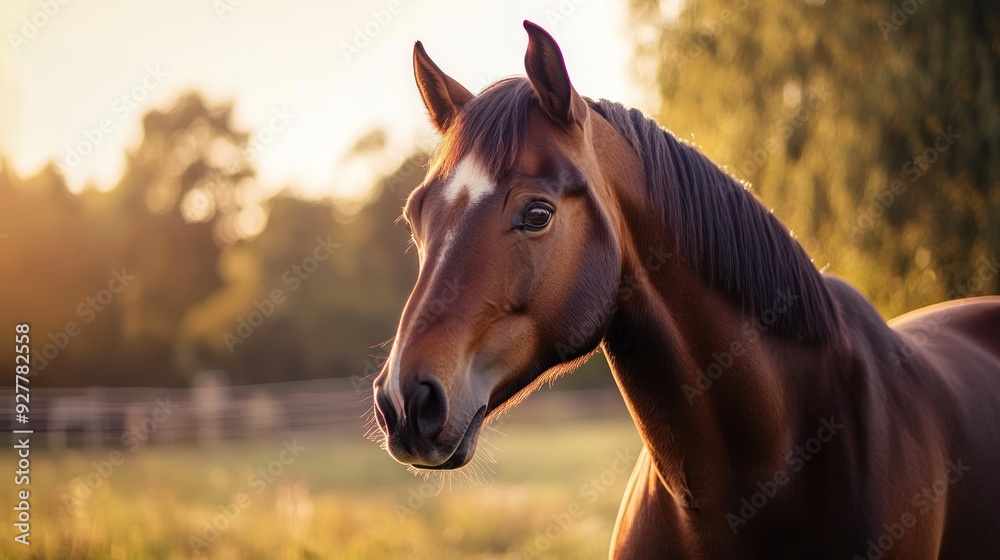 Fototapeta premium Brown Horse Portrait in Golden Light