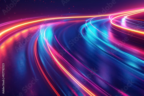 A vibrant road illuminated by neon lights glows in flowing smooth and curved lines, blending dark sky-blue and light bronze tones under the night sky. photo