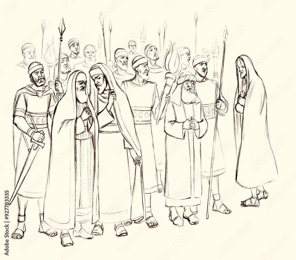 Pharisees and high priests with soldiers in Gethsemane. Pencil drawing Pharisees and high priests with soldiers in Gethsemane. Pencil drawing