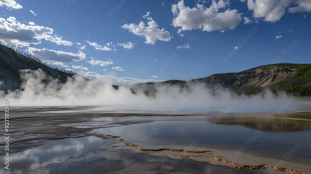 Fototapeta premium A picturesque view of a hot spring with steam rising from the water, set against a backdrop of blue sky and fluffy clouds, with a mountain range in the distance.