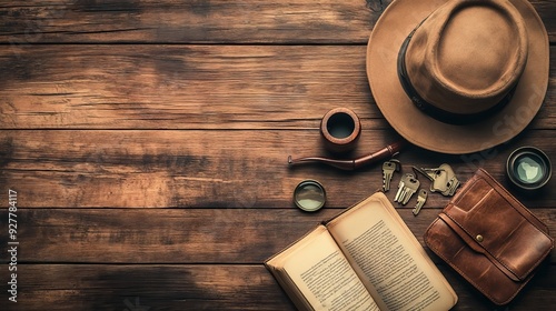 View of private detective tools on a wooden table, including a deerstalker cap, vintage magnifying glass, and an old key and book photo