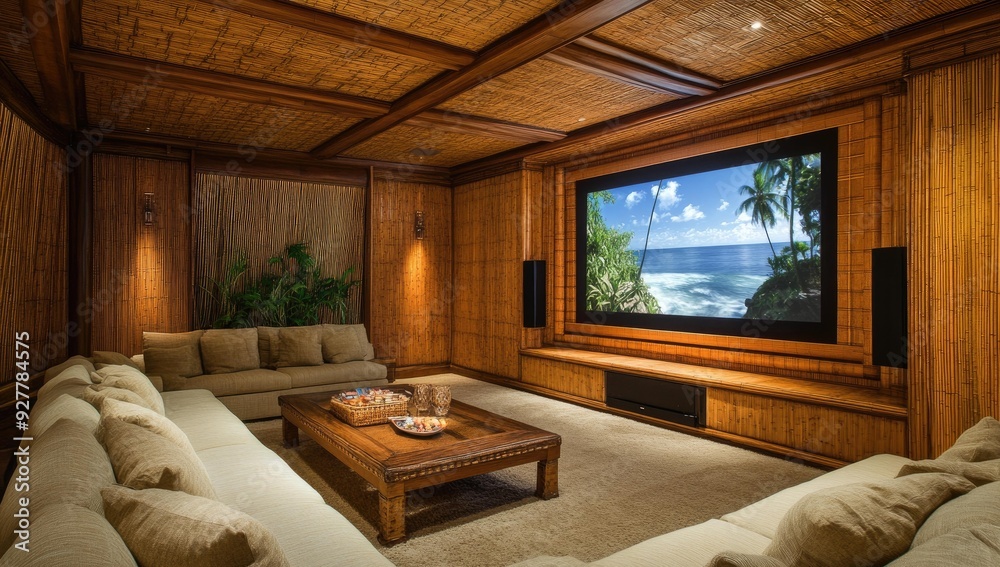 Tropical-themed home theater with a large screen and comfortable seating. Tropical-themed home theater with a large screen and comfortable seating.