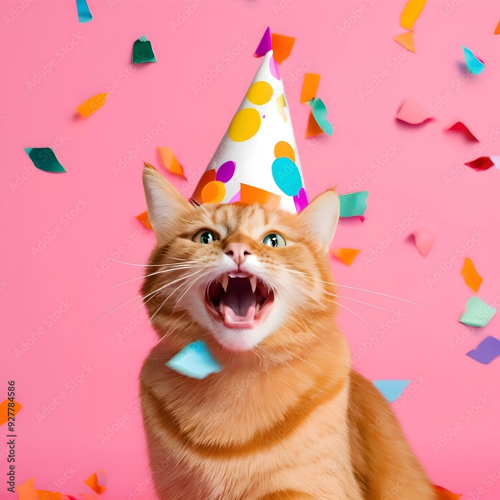 Fototapeta premium Adorable Birthday Cat with Party Hat and Confettis - Perfect for Kids' Parties, Celebrations, and Fun Decor 