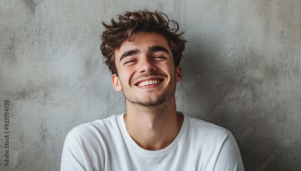 Smiling man in white shirt against grey wall. Smiling man in white shirt against grey wall.