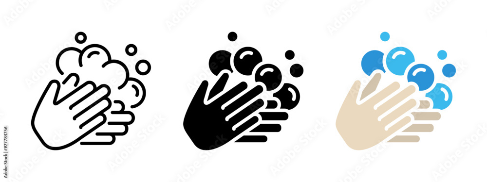 Hand washing with foam icon. Hands wash with soap bubbles vector illustration. Personal hygiene symbol. Antibacterial antiseptic prevention sign. Sanitary protection pictogram. Clean palm concept. Hand washing with foam icon. Hands wash with soap bubbles vector illustration. Personal hygiene symbol. Antibacterial antiseptic prevention sign. Sanitary protection pictogram. Clean palm concept.