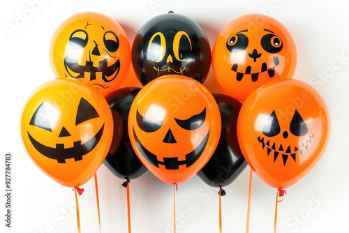 A bunch of Halloween balloons with ghosts, pumpkins and black faces on a white background.