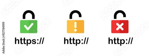 Domain security padlock icon. HTTPS and HTTP network privacy status. Web browser encryption protection symbol. SSL certificate sign. Insecure server connection vector illustration. Website URL status.