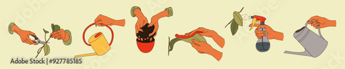 A collection of illustrations of hands caring for plants. Gardeners and florists cartoon concept.