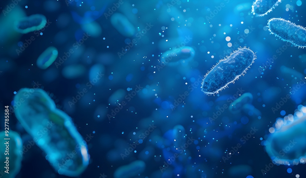 A blue background with a close-up of bacteria. Some small and large oval shapes are floating in the air, looking like medical or scientific themes. The background is dark blue to make it look like an A blue background with a close-up of bacteria. Some small and large oval shapes are floating in the air, looking like medical or scientific themes. The background is dark blue to make it look like an