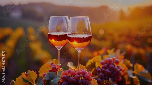 Two Wine Glasses Resting on Grapevines at Sunset