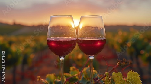 Two Glasses of Wine at Sunset in a Vineyard