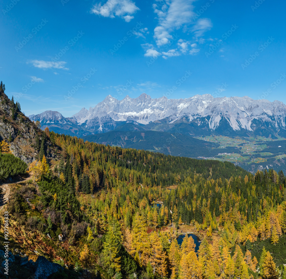 Calm autumn Alps mountain lake with clear transparent water and reflections. Untersee lake, Reiteralm, Steiermark, Austria.