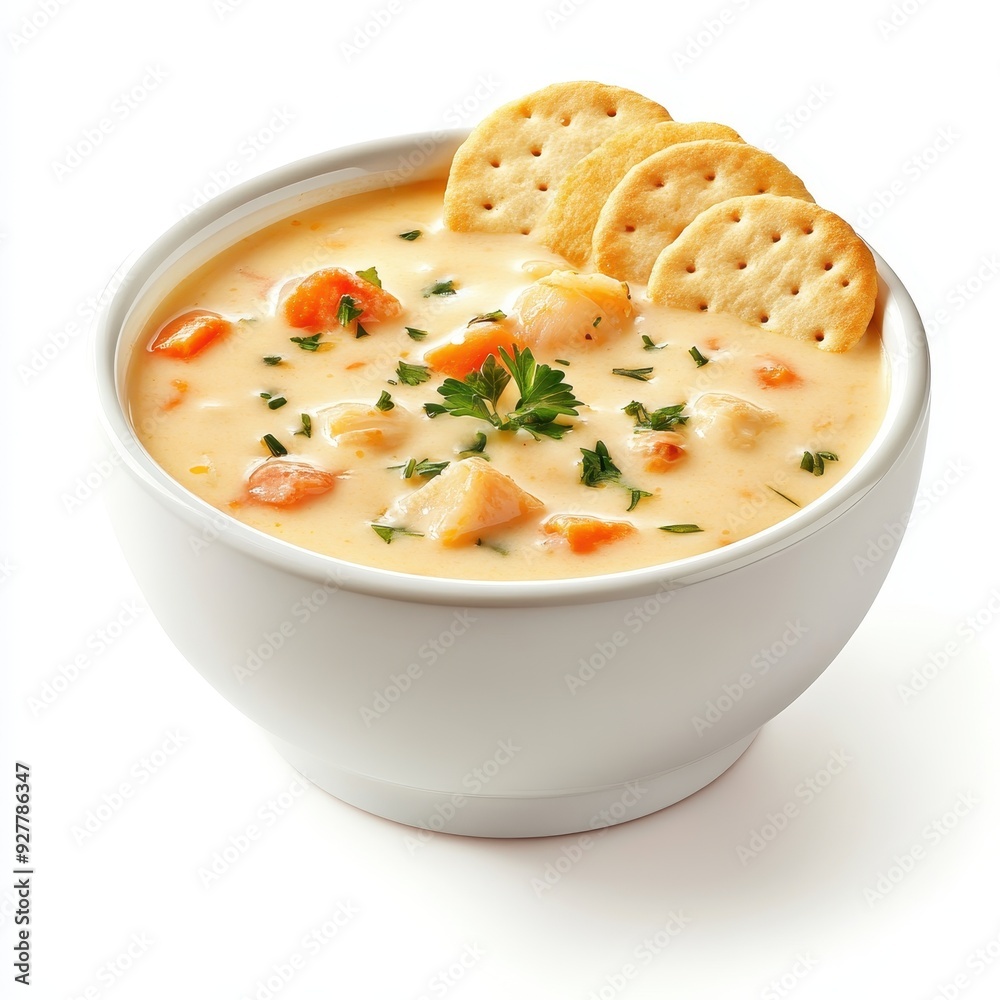 Creamy chicken soup with crackers in a white bowl, garnished with parsley Creamy chicken soup with crackers in a white bowl, garnished with parsley