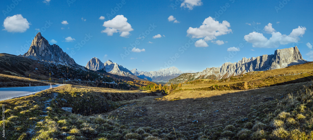 Mountain sunny evening peaceful view from Giau Pass.
