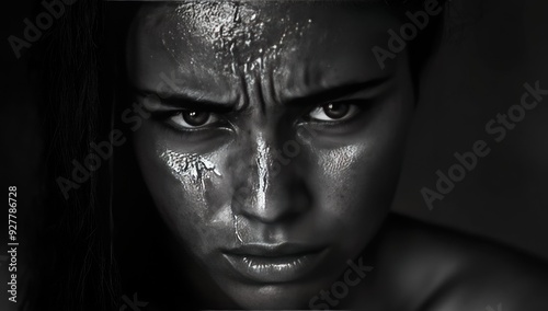 A woman with dark hair and a stern expression.