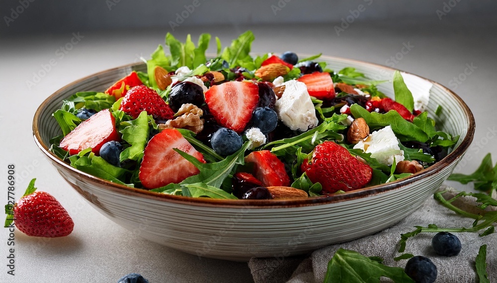 A bowl with mixed greens, sliced strawberries, blueberries, walnuts, and goat cheese, drizzl A bowl with mixed greens, sliced strawberries, blueberries, walnuts, and goat cheese, drizzl