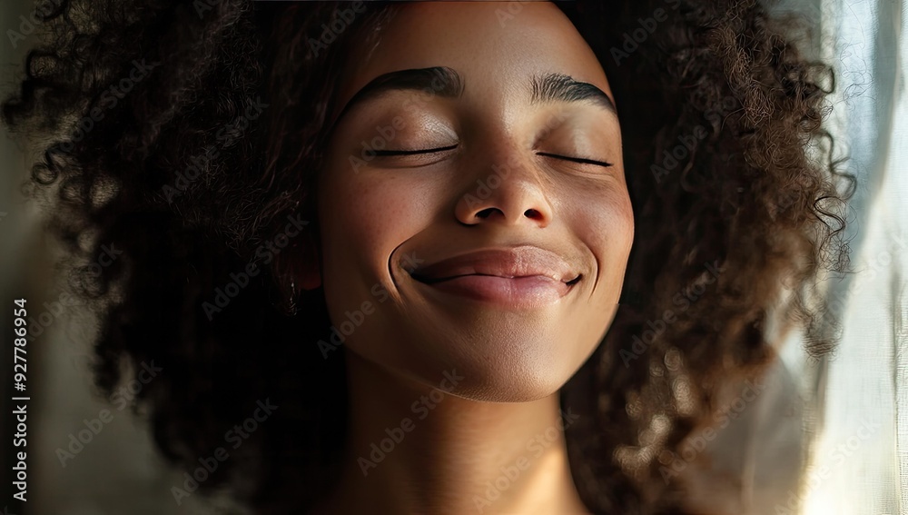 Smiling woman with curly hair near window. Smiling woman with curly hair near window.
