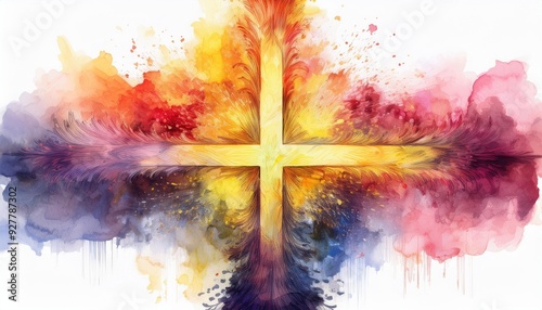  A luminous watercolor cross blending pinks and yellows, isolated on a white background with