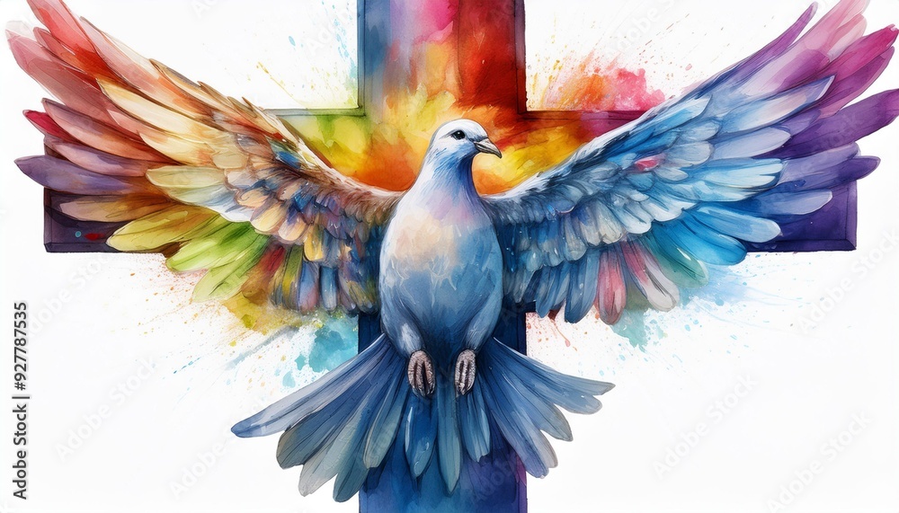 Fototapeta premium A rainbow-colored watercolor cross with subtle shading, featuring a graceful dove with open 