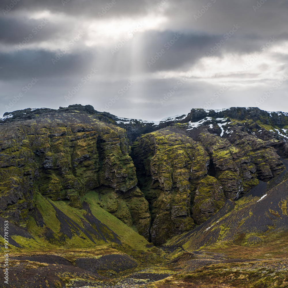 View during auto trip in West Iceland highlands, Snaefellsnes peninsula, Snaefellsjokull National Park. Spectacular volcanic view of Raudfeldsgja Gorge.