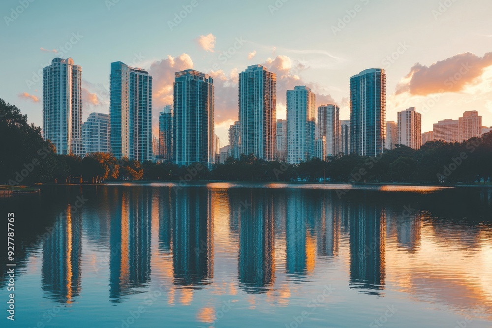 Tranquil city scene showcasing majestic skyscrapers reflected in serene waters at sunset