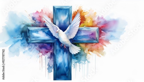 A vibrant watercolor Christian cross with soft pastel hues, a white dove of peace perched at