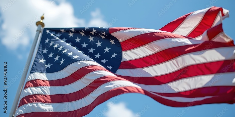 Obraz premium American flag waving against a blue sky with white clouds during midday