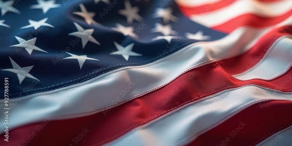 Close-up of a waving American flag with rich colors and intricate details captured in daylight Close-up of a waving American flag with rich colors and intricate details captured in daylight