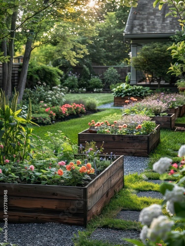 A tranquil backyard oasis features a galvanized elevated garden bed, beautifully nestled in vibrant, lush grass, brimming with colorful flowers and fresh herbs. photo