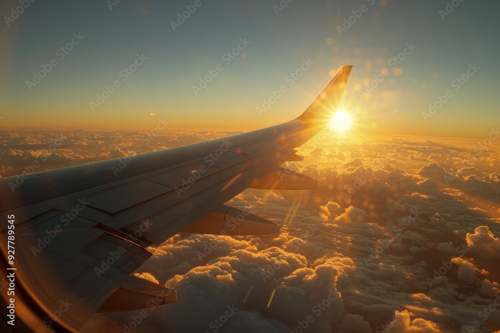 Naklejka premium Airplane Wing at Sunset Over a Sea of Clouds