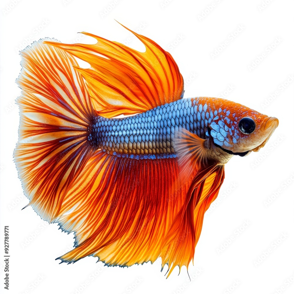 Fototapeta premium Vibrant blue and orange betta fish with flowing fins swimming against a clean white background.