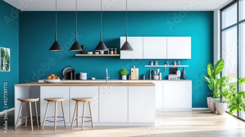 Modern Kitchen Interior Design with Turquoise Walls