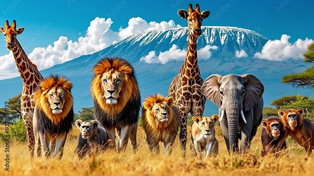 a large group of African creatures Giraffes, lions, elephants, monkeys, and other animals pose together with a mountain in the backdrop.