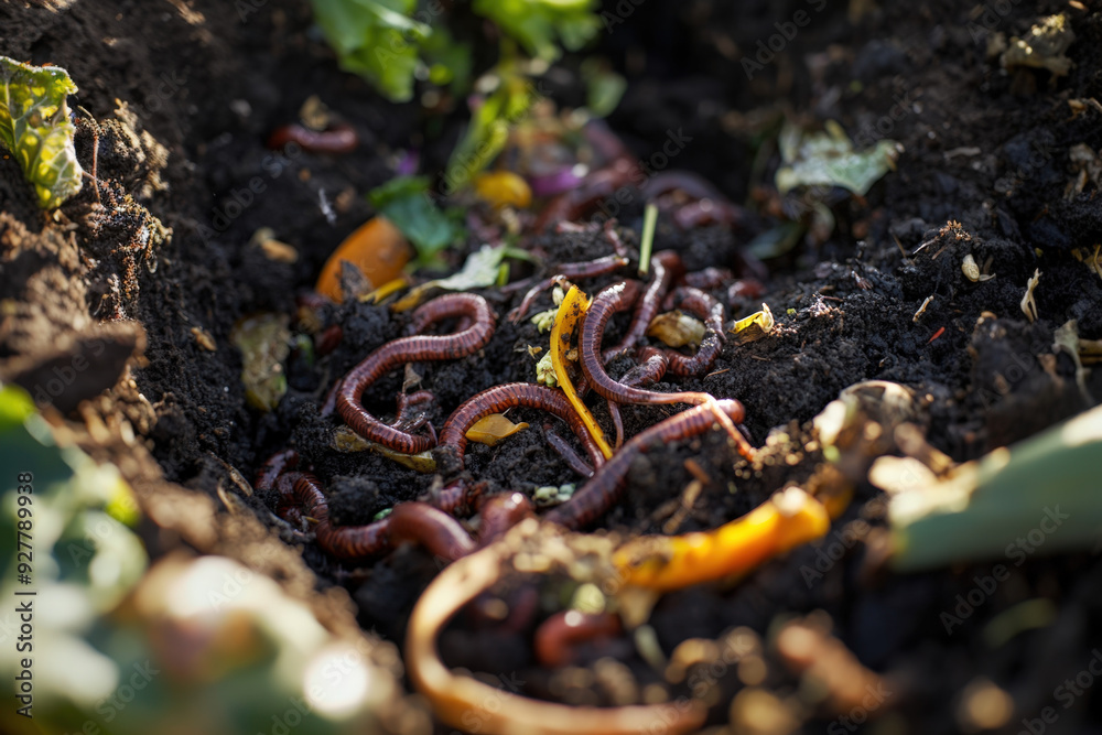 Red wiggler worms are composting organic waste in garden soil, creating nutrient-rich fertilizer