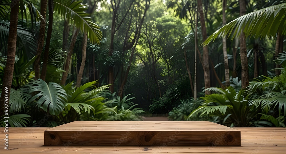 Wooden podium in tropical forest for product presentation and green background. Wooden podium in tropical forest for product presentation and green background.