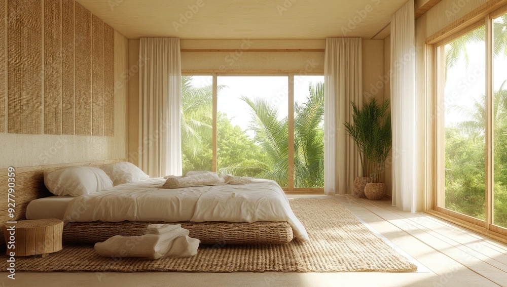 Tropical bedroom with large windows and a woven bed frame. Tropical bedroom with large windows and a woven bed frame.