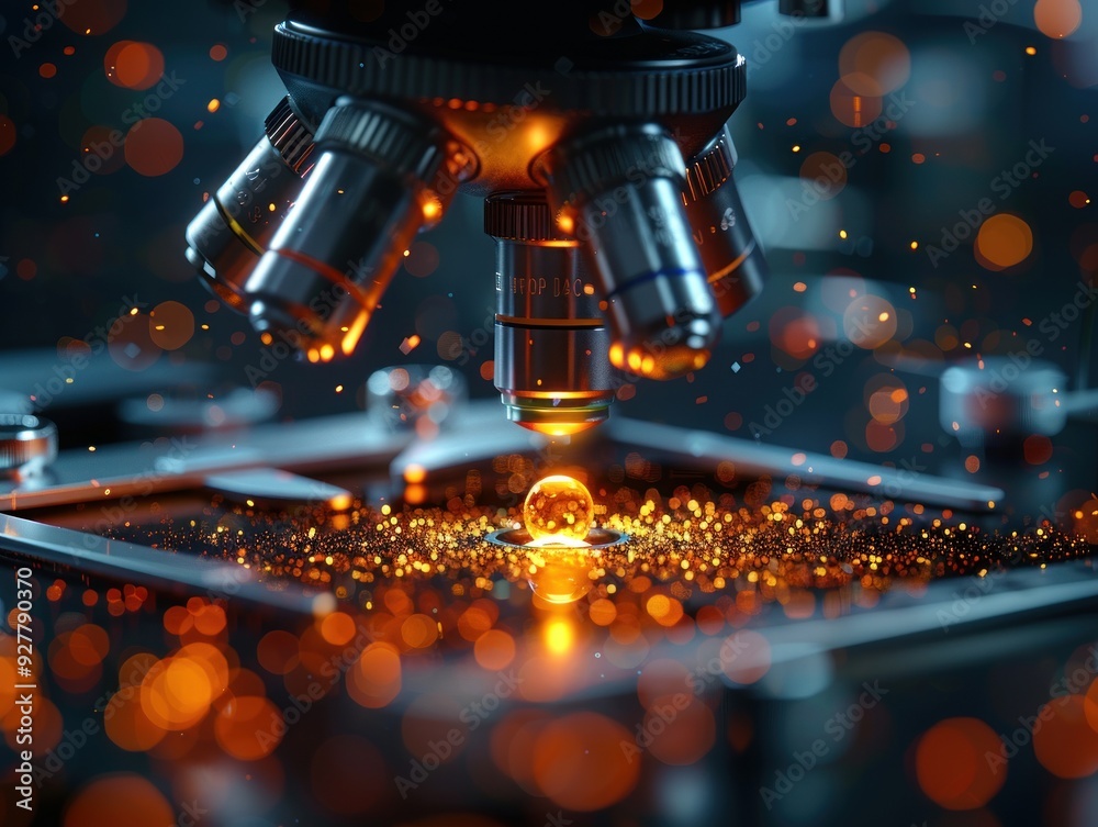 Microscope Close-up with Glowing Particles