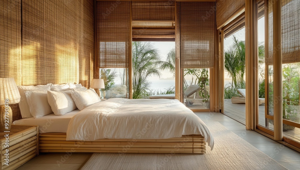 Coastal bedroom with bamboo bed and ocean view. Coastal bedroom with bamboo bed and ocean view.