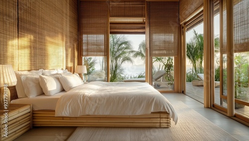 Coastal bedroom with bamboo bed and ocean view.