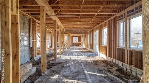 A wooden house takes shape, with a sturdy frame of beams, posts, and trusses carefully aligned. Construction progress reveals the craftsmanship in every detail.