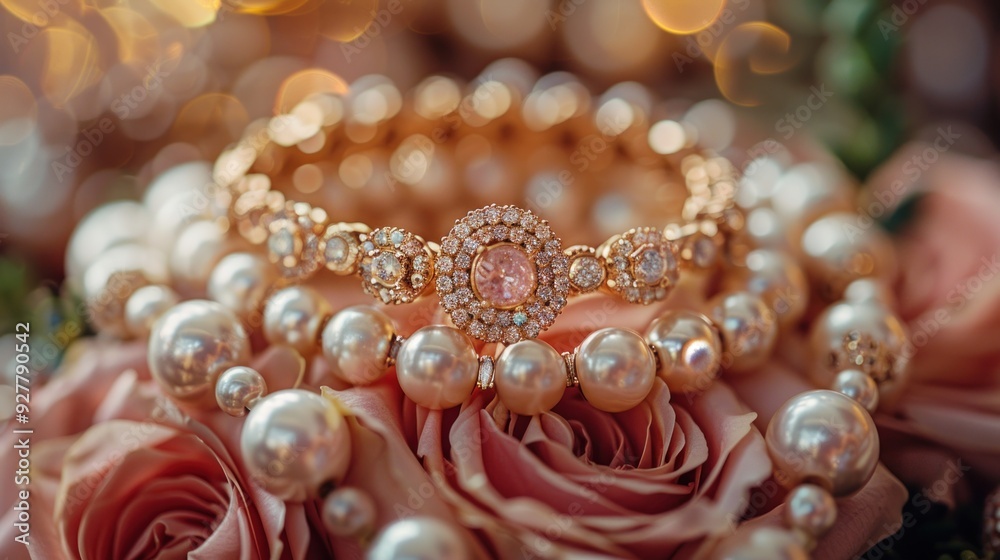 Diamond Bracelet and Pearl Necklace on Pink Roses
