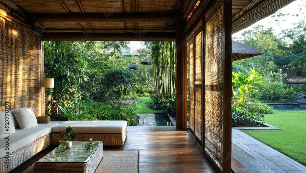 Bamboo-covered patio overlooking lush tropical garden.
