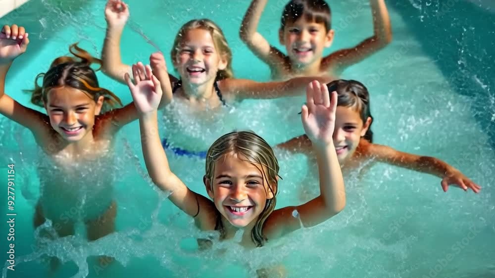 A large group of children jump and play in a swimming pool, splashing, raising their hands and smiling from above.