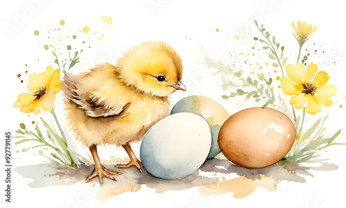 Fototapeta Naklejka Na Ścianę i Meble -  Chick with painted eggs, watercolor art, springs gentle beginning. Spring pastel watercolors art background. AI illustration.