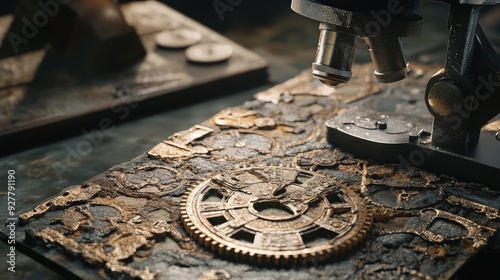 An ancient Antikythera mechanism rests under the lens of a microscope, revealing its complex gears and craftsmanship in a laboratory environment